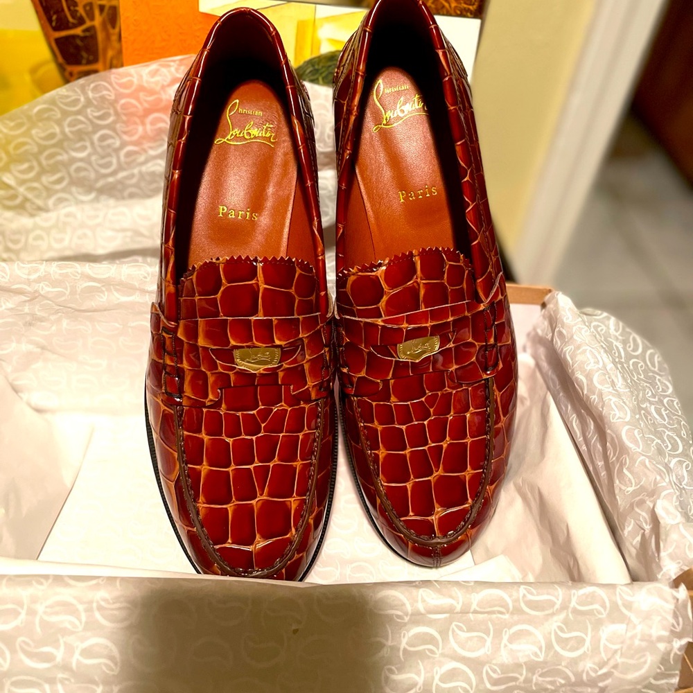 Christian Louboutin Donna Bicolor Croco Red Sole Penny Loafers Size 12
